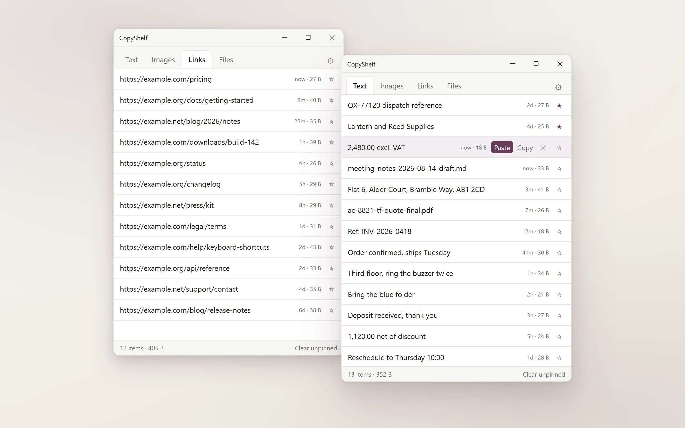 Two CopyShelf windows: the Text tab with thirteen clippings, each with an age, a byte size and a pin, and behind it the Links tab holding the URLs it sorted out.